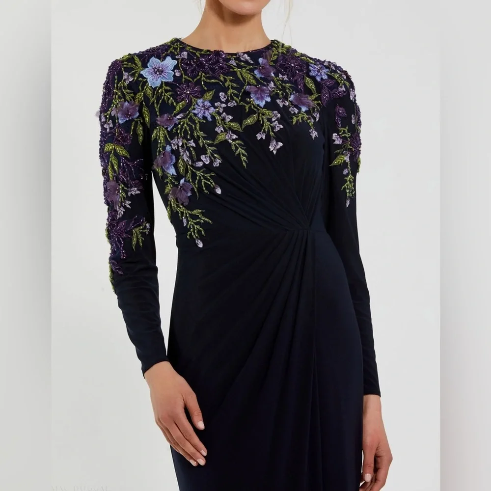 BNWT Mac Duggal Navy Embellished Long Sleeve Fitted Gown - Picture 2 of 8
